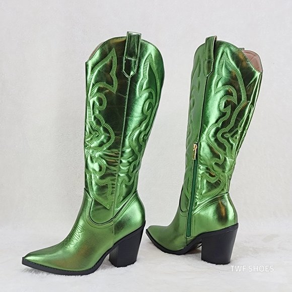 Berness Shoes - Electric Cowboy Brush Metallic Matte Western Knee High Cowgirl Boots Green